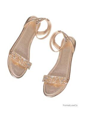 Metallic Sparkly Flat Sandals Ankle Strap Open Toe Dressy Summer Bridal Wedding